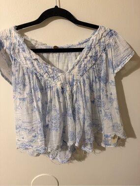 Free People White Blouse with Light Blue Floral Print